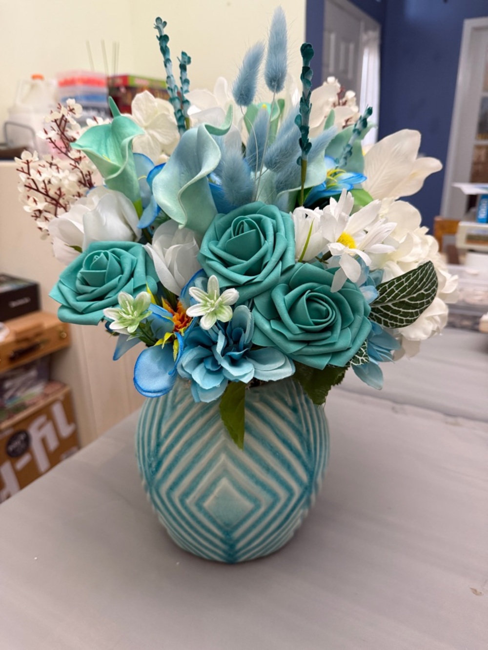 Turquoise & White Floral Arrangement in Decorative Vase - Home Accents